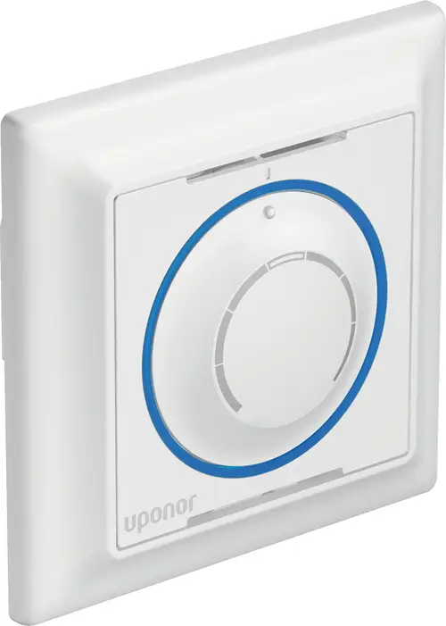 Weißer Temperaturfühler mit runder Drehknopfoberfläche und blauer Umrandung, montiert in einem quadratischen Gehäuse, mit dem Uponor-Logo auf der unteren Seite.