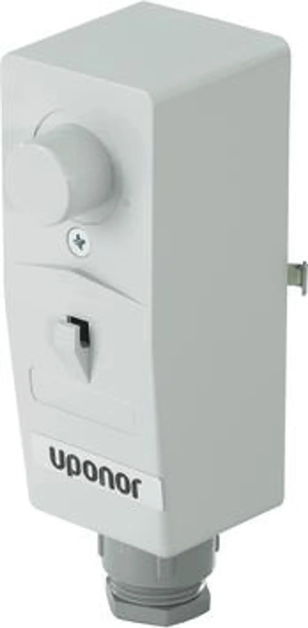 Weißer Temperaturregler mit Drehknopf und Anschluss für elektrische Verbindung, beschriftet mit dem Markennamen "Uponor".