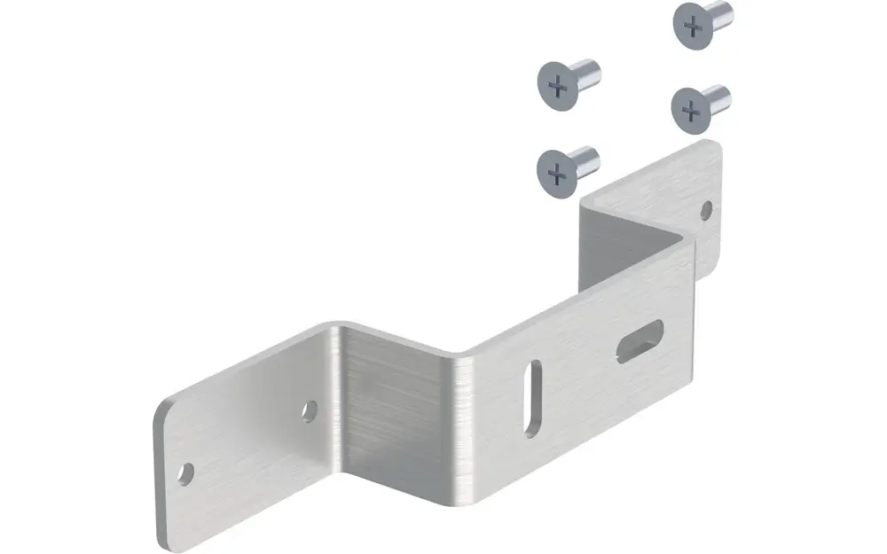 Montagewinkel aus Metall mit zwei Bohrlöchern und einer Schlitze, dazu vier Schrauben. Produkt von Uponor zur Wandmontage geeignet.