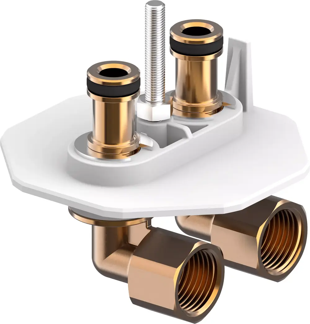 Adapterstecker mit zwei Anschlüssen und mittigem Gewinde, üblicherweise verwendet für Heizungsinstallationen. Produkt von Uponor.