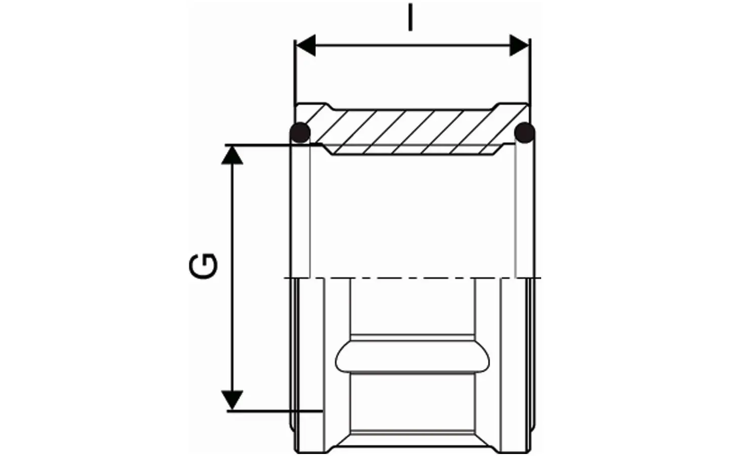 Wipex Gewindemuffe von Uponor, schematische Darstellung mit maßlichen Angaben zu den Verbindungen G und I, zeigt die Konstruktion und Form der Muffe.