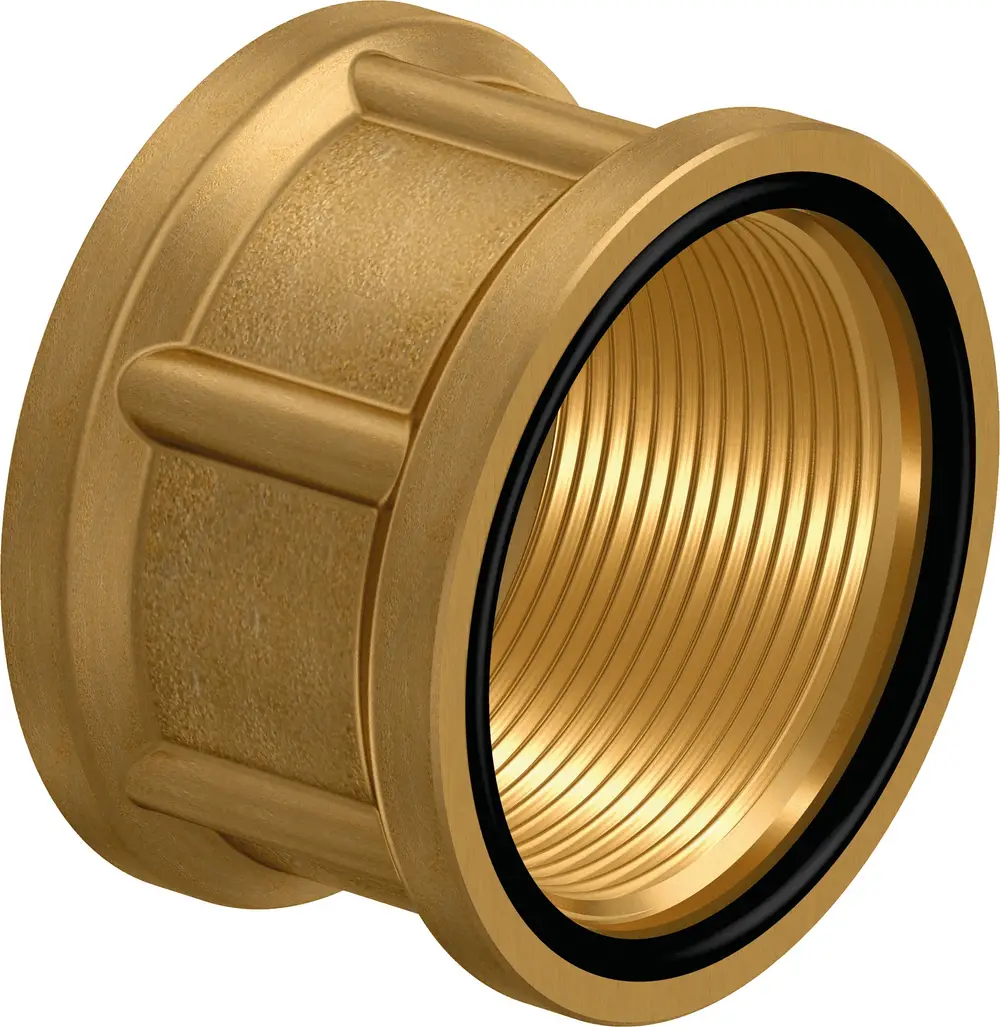 Messing-Gewindemuffe mit Innengewinde und schwarzem Dichtungsring, hergestellt von Uponor. Geeignet für Verbindung von Rohren.