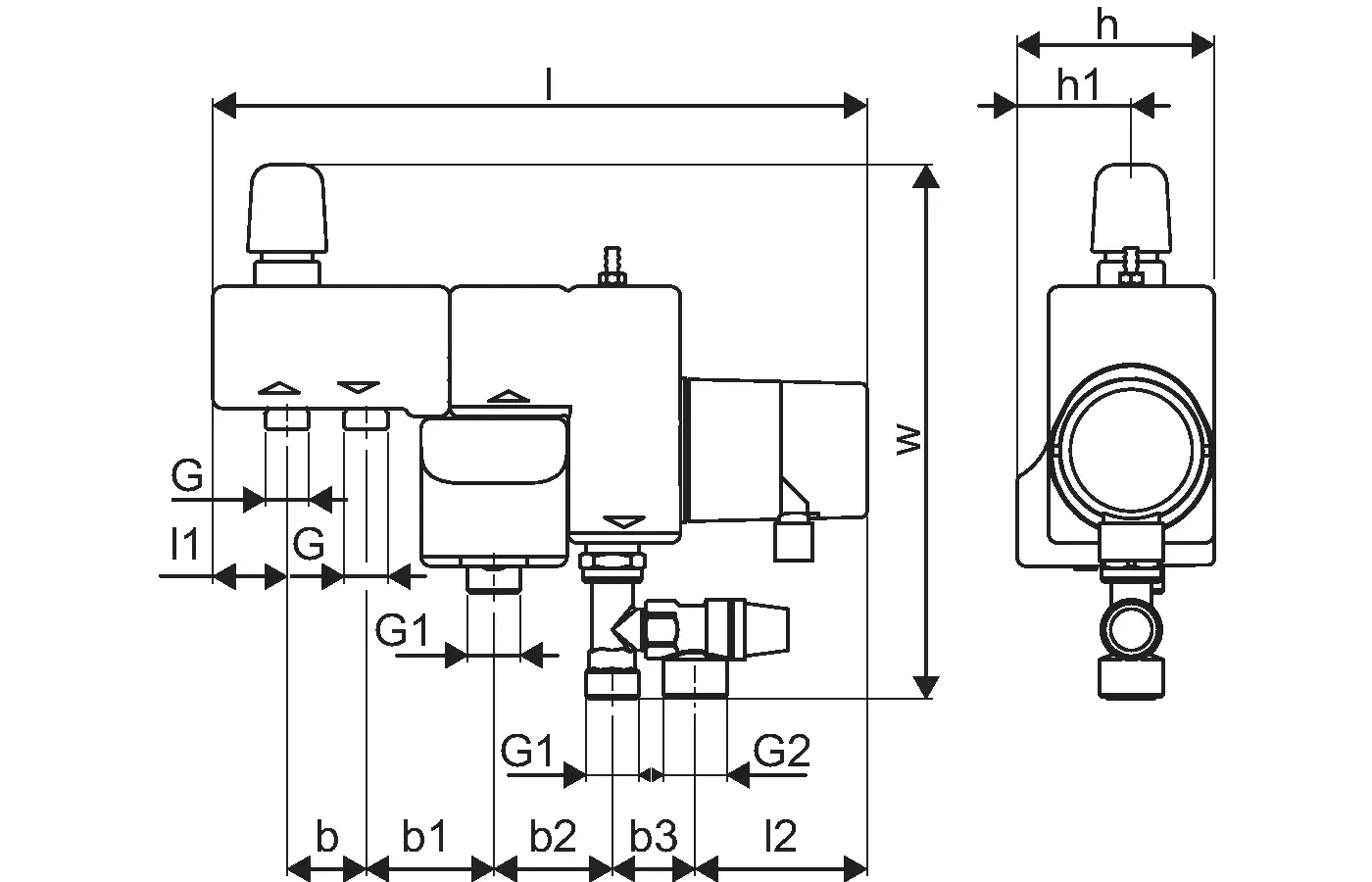 Diagramm einer Pumpengruppe, wahrscheinlich von Uponor, zeigt Maße und Anschlüsse für Installationsteile ohne spezifische Artikelbezeichnung oder Maße.