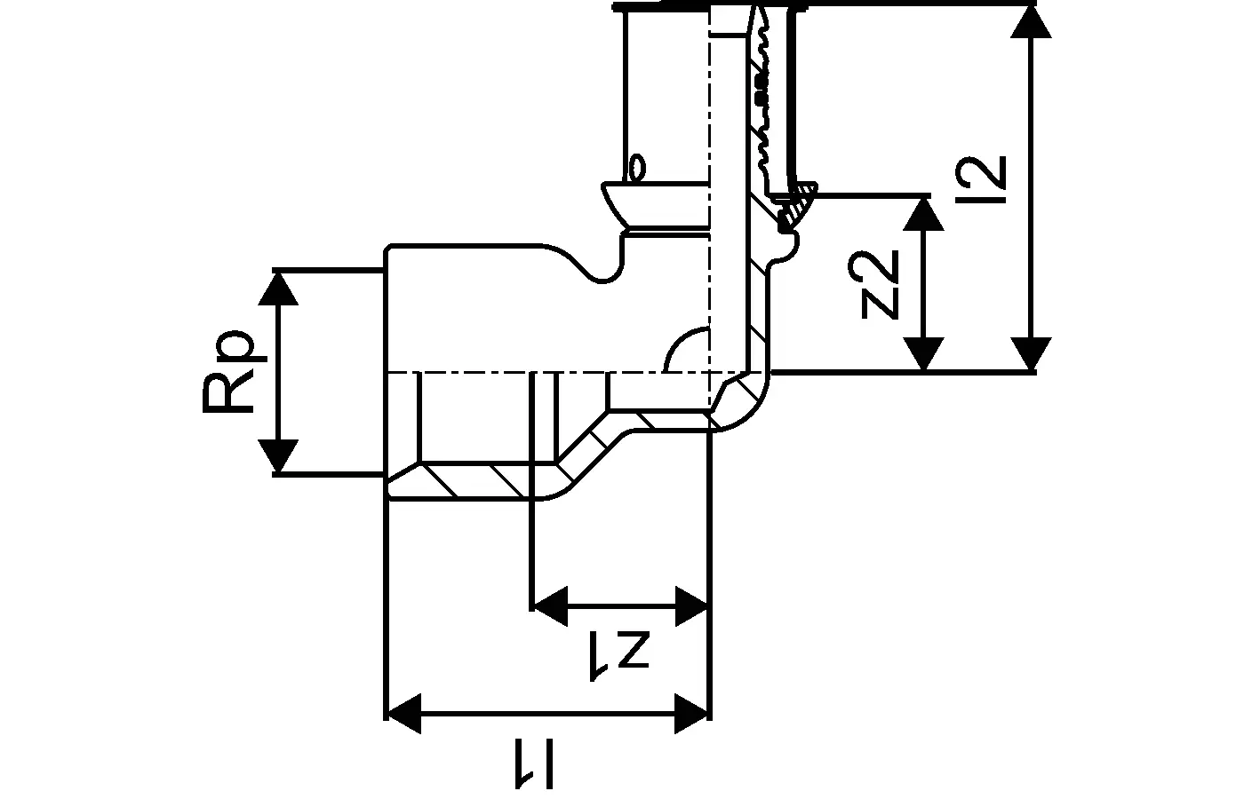 Winkelmuffe mit Innengewinde, hergestellt von Uponor. Das Produkt zeigt eine T-Form mit verschiedenen Abmessungen, die deutlich skaliert sind. Technische Zeichnung zur genauen Darstellung.