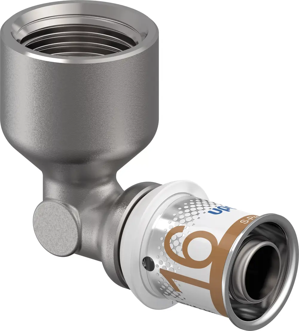 Kupplung von Uponor mit einem abgewinkelten Anschluss und Gewinde, geeignet für Rohrverbindungen in Sanitärinstallationen.
