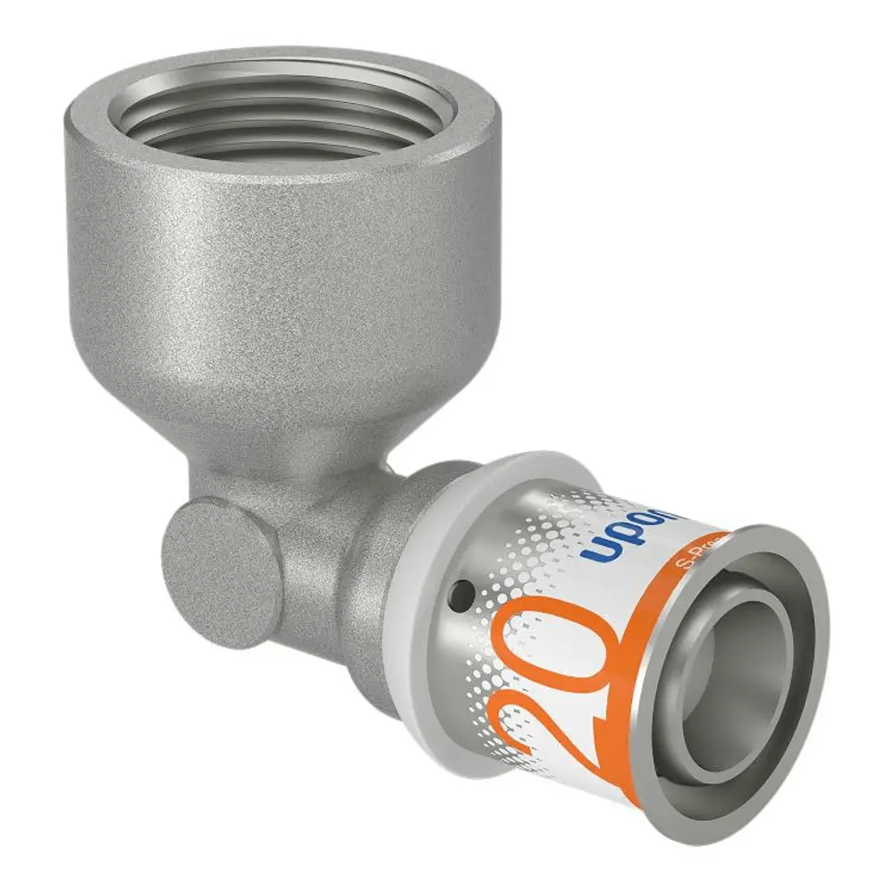 Winkelmuffe aus Metall mit einem Gewinde und einer Anschlussmöglichkeit, hergestellt von Uponor, geeignet für Rohrverbindungen in sanitärtechnischen Anwendungen.