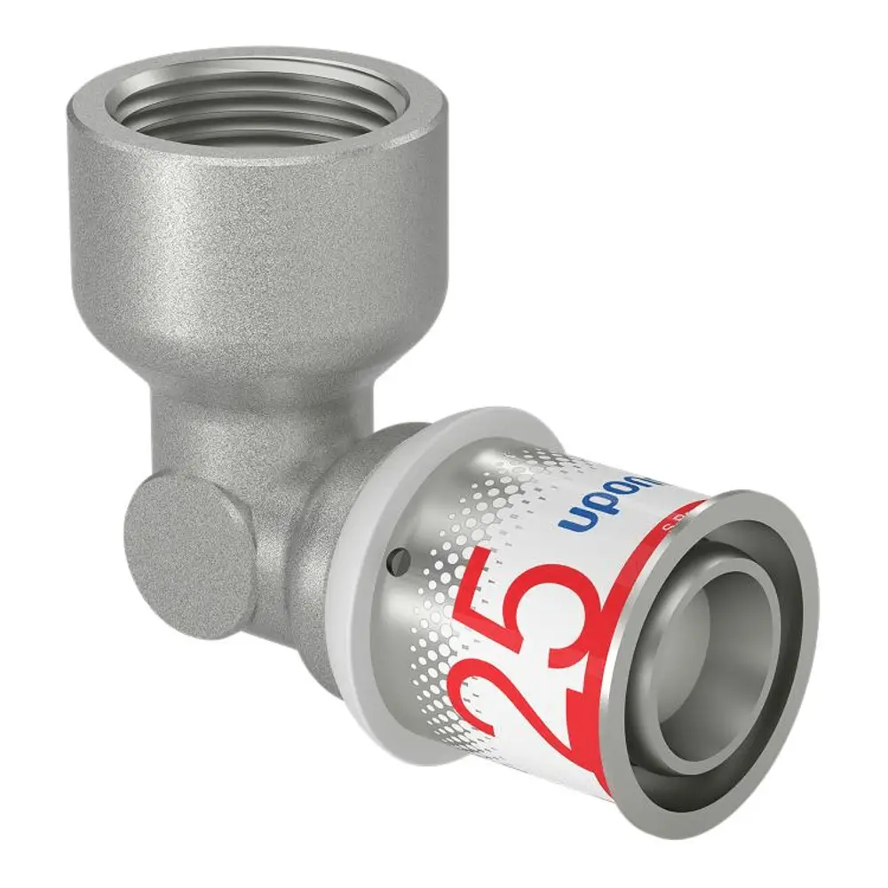 Winkelmuffe aus Metall mit einem Anschluss für Rohrleitungen, versehen mit dem Aufdruck der Marke Uponor. Das Produkt hat eine gewindeähnliche Öffnung an einem Ende.
