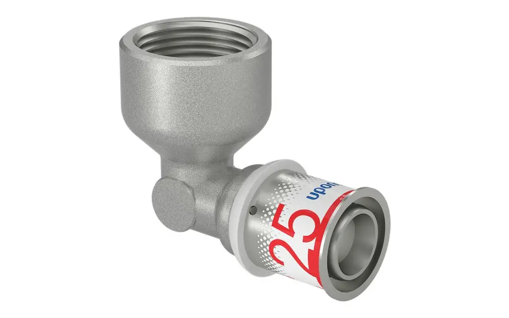 Winkelmuffe mit einem Anschluss für Rohre, gefertigt aus Metall, mit der Aufschrift „25“ und der Marke Uponor sichtbar.