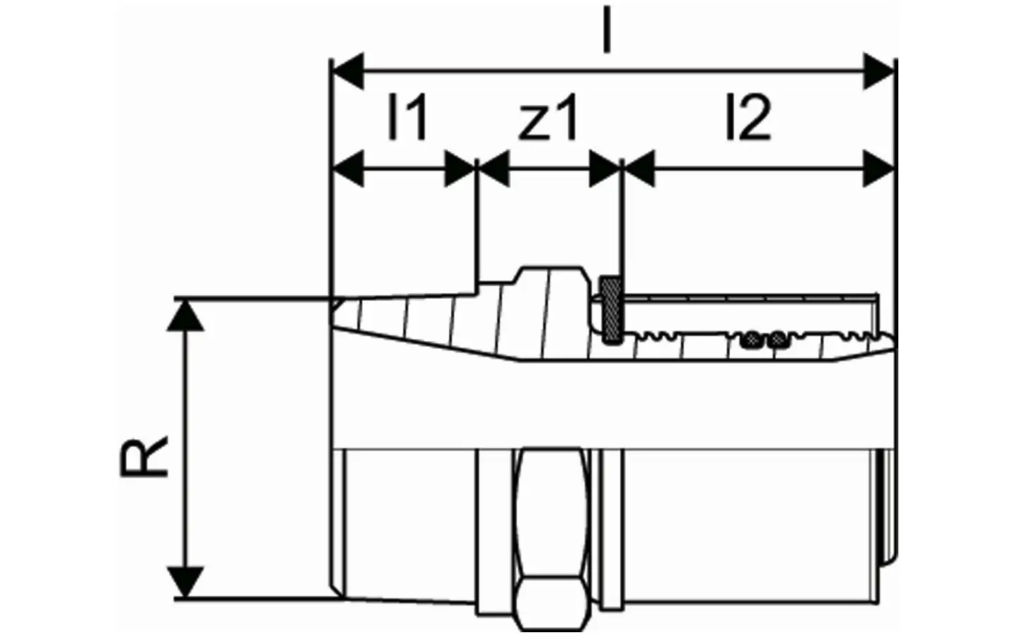 Schematische Darstellung eines Übergangsnippels von Uponor mit abgegrenzten Maßen und Komponenten. Enthält Anzeichen für R und I, sowie weitere spezifische Maße.