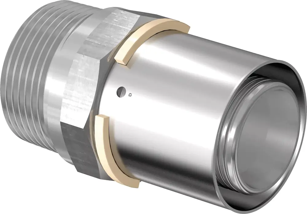 Metallischer Übergangsnippel mit Außengewinde und vernickelten Oberflächen, hergestellt von Uponor, erkennbar an den Flansch und dem Anschlussbereich.