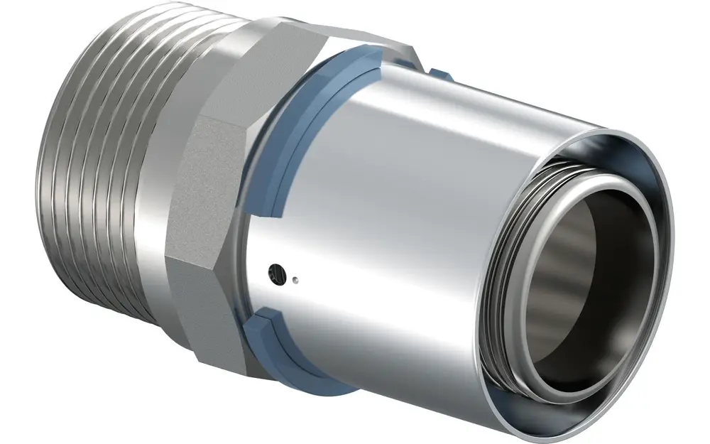 Metallischer Übergangsnippel mit Gewinde, geeignet zur Verbindung von Rohren, hergestellt von Uponor, ohne sichtbare Markierungen oder Maße.