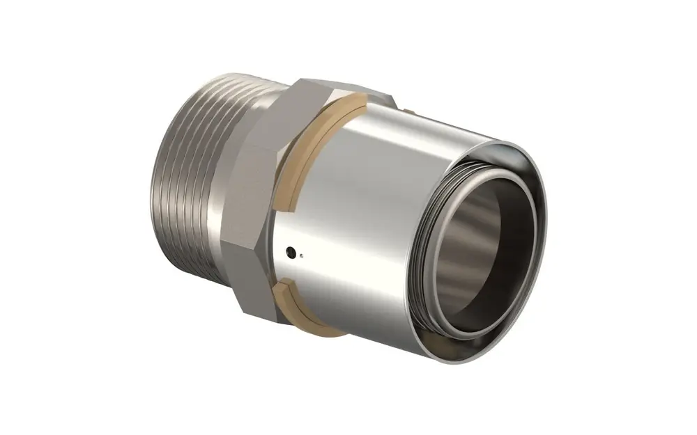 Übergangsnippel aus Metall mit Gewinde, geeignet für Rohrverbindungen. Produkt von Uponor zur Anpassung von Rohrsystemen in der installationstechnischen Anwendung.