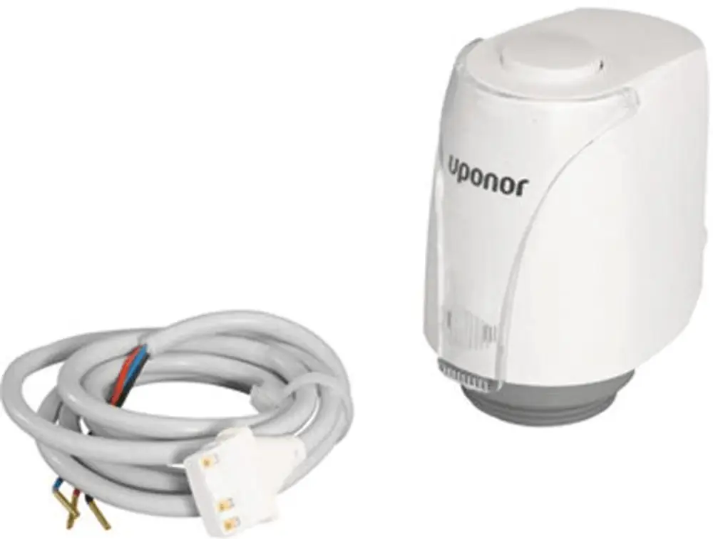 Weißer Uponor Stellungsantrieb mit Kabel und Stecker. Das Kabel ist gewickelt und zeigt eine Verbindung mit farbigen Drähten.