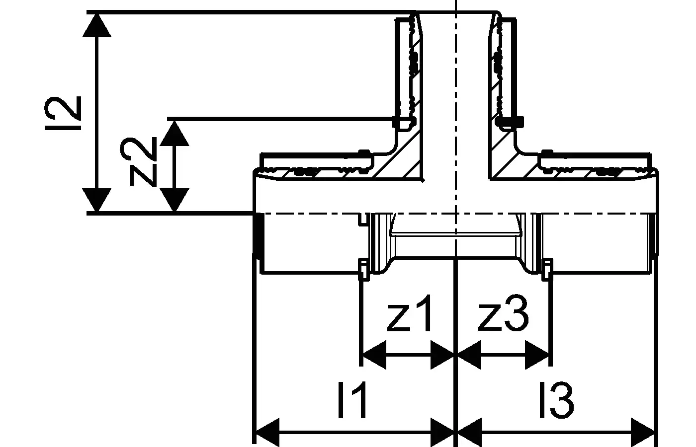 T-Stück mit mehreren Anschlussmöglichkeiten, dargestellt in technischem Zeichnungsformat, gefertigt von Uponor. Angaben zu Dimensionen und Formelementen sind klar erkennbar.