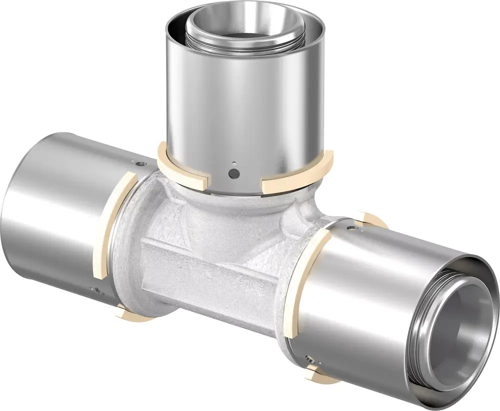 S-Press T-Stück aus Metall mit drei Anschlüssen, hergestellt von Uponor. Das Produkt zeigt eine glatte Oberfläche und für Rohrverbindungen geeignete Gewinde.