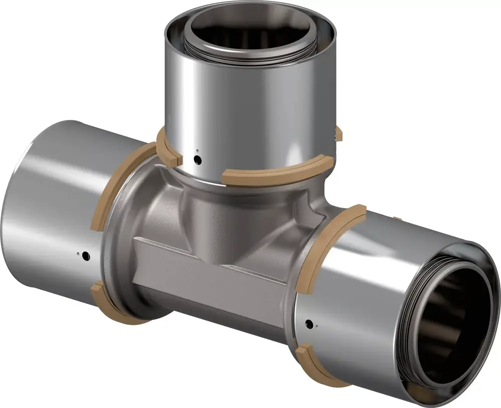 T-Stück aus Metall mit gleichmäßigen Abgangsanschlüssen, geeignet für Rohrleitungsinstallationen. Produkt von Uponor.