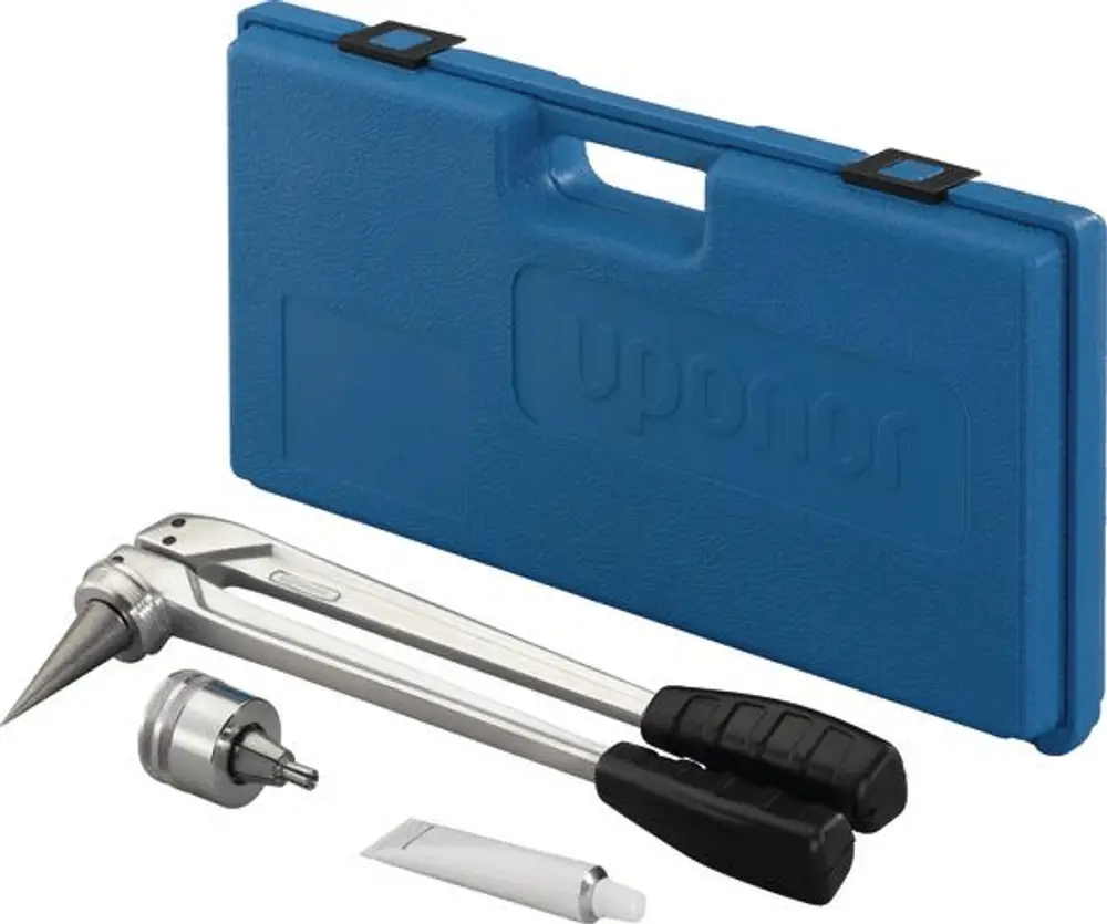 Werkzeugset von Uponor in blauer Kunststoffbox,包含 eine Zange mit spitzem Ende, einen Aufsatz und eine Tube, die zusammen für das Bearbeiten von Rohren verwendet wird.