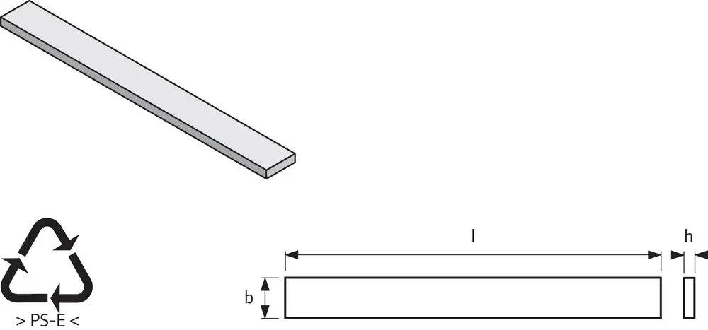 Langer, flacher Dämmstreifen aus EPS-Material. Die Darstellung zeigt die Maße und Form des Produkts. Von der Marke Uponor. Recycelbares Material ist kenntlich gemacht.