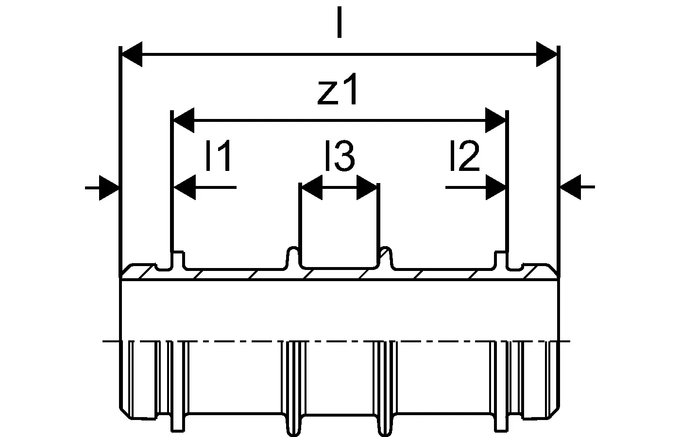 Distanzadapter in gerader Form mit mehreren Aussparungen und Maßlinien. Zur Nutzung in Verbindung mit Uponor-Systemen.