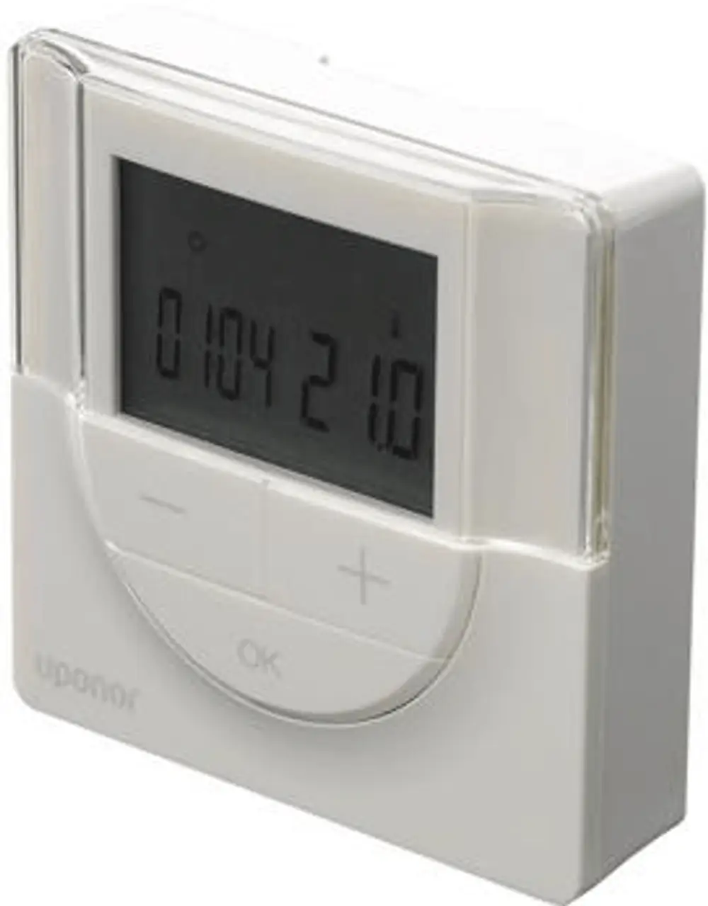 Weißer Wandthermostat zur Temperaturregelung mit digitalem Display und Tasten, hergestellt von Uponor.
