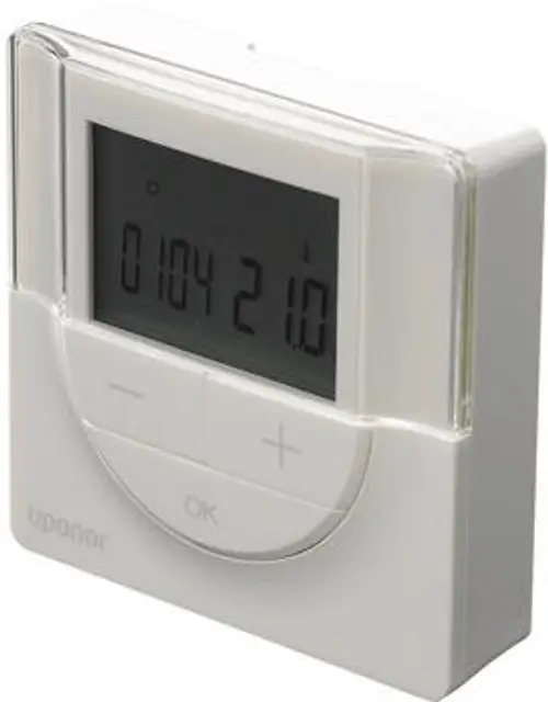 Weißer Wandthermostat zur Temperaturregelung mit digitalem Display und Tasten, hergestellt von Uponor.