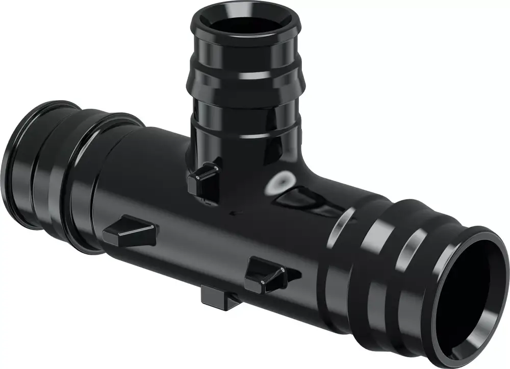 Schwarzes T-Stück aus PPSU mit zwei Anschlüssen und einer Reduzierung, geeignet für moderne Rohrsysteme, hergestellt von Uponor.