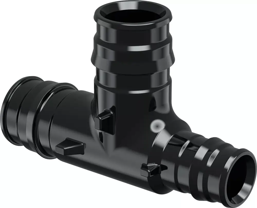 Schwarzes T-Stück aus PPSU mit zwei Anschlüssen, hergestellt von Uponor. Geeignet für diverse Rohrverbindungen in der Sanitär- und Heizungsinstallation.