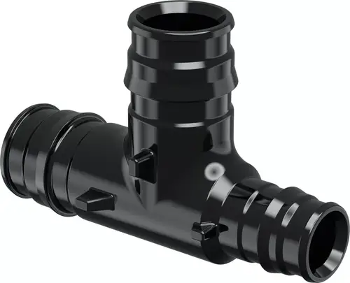 Schwarzes T-Stück aus PPSU mit zwei Anschlüssen, hergestellt von Uponor. Geeignet für diverse Rohrverbindungen in der Sanitär- und Heizungsinstallation.