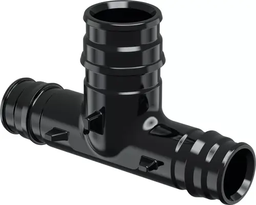 PPSU T-Stück in Schwarz von Uponor, mit drei Anschlüssen. Das Produkt dient zur Verbindung von Rohren in Rohrleitungssystemen.