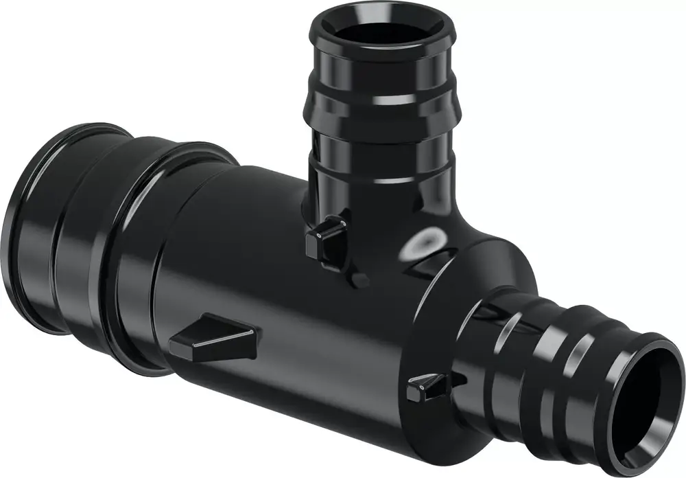 Schwarz gefärbtes T-Stück aus PPSU, geeignet für Rohrverbindungen. Produkt von Uponor, mit zwei Anschlüssen für unterschiedliche Rohrdurchmesser.
