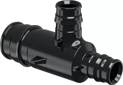 Schwarz gefärbtes T-Stück aus PPSU, geeignet für Rohrverbindungen. Produkt von Uponor, mit zwei Anschlüssen für unterschiedliche Rohrdurchmesser.