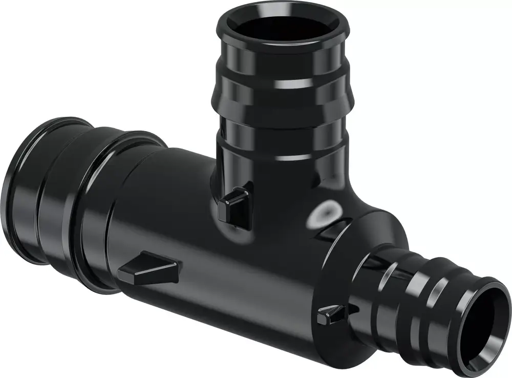 T-Stück aus Kunststoff mit zwei Anschlüssen für Rohrverbindungen. Hersteller: Uponor. Geeignet für Installationen im Bereich der Sanitär- und Heiztechnik.