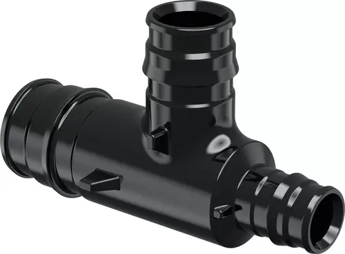 T-Stück aus Kunststoff mit zwei Anschlüssen für Rohrverbindungen. Hersteller: Uponor. Geeignet für Installationen im Bereich der Sanitär- und Heiztechnik.