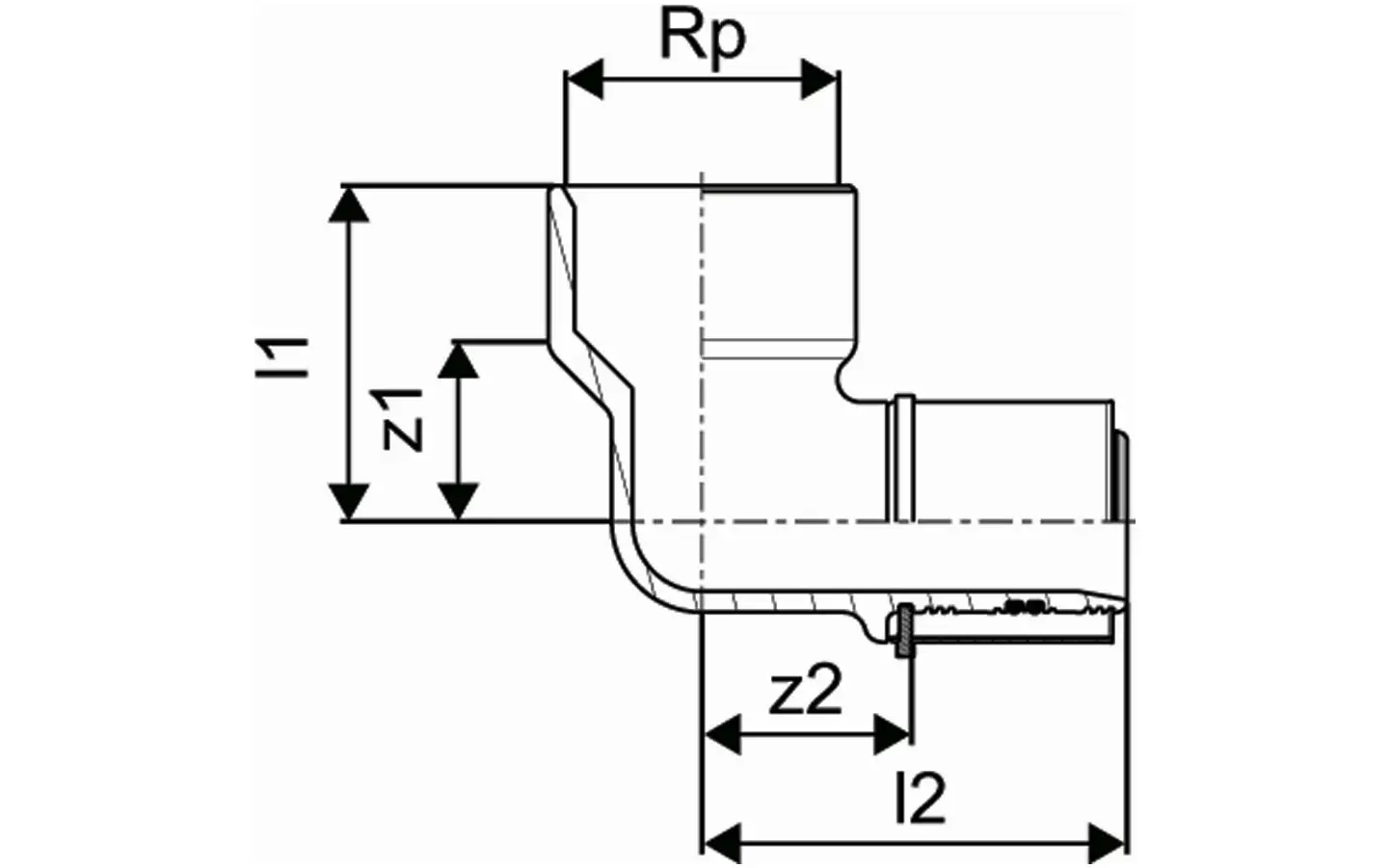Winkelmuffe mit einem Anschlussteil, mit verziertem Design. Die Produkte sind für Rohrverbindungen in Sanitärsystemen von Uponor geeignet.
