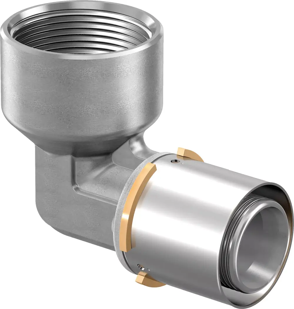 Winkelmuffe aus Metall mit Innen- und Außengewinde, Teil des Rohrsystems von Uponor, zur Verbindung von Rohrleitungen in bestimmten Winkeln.