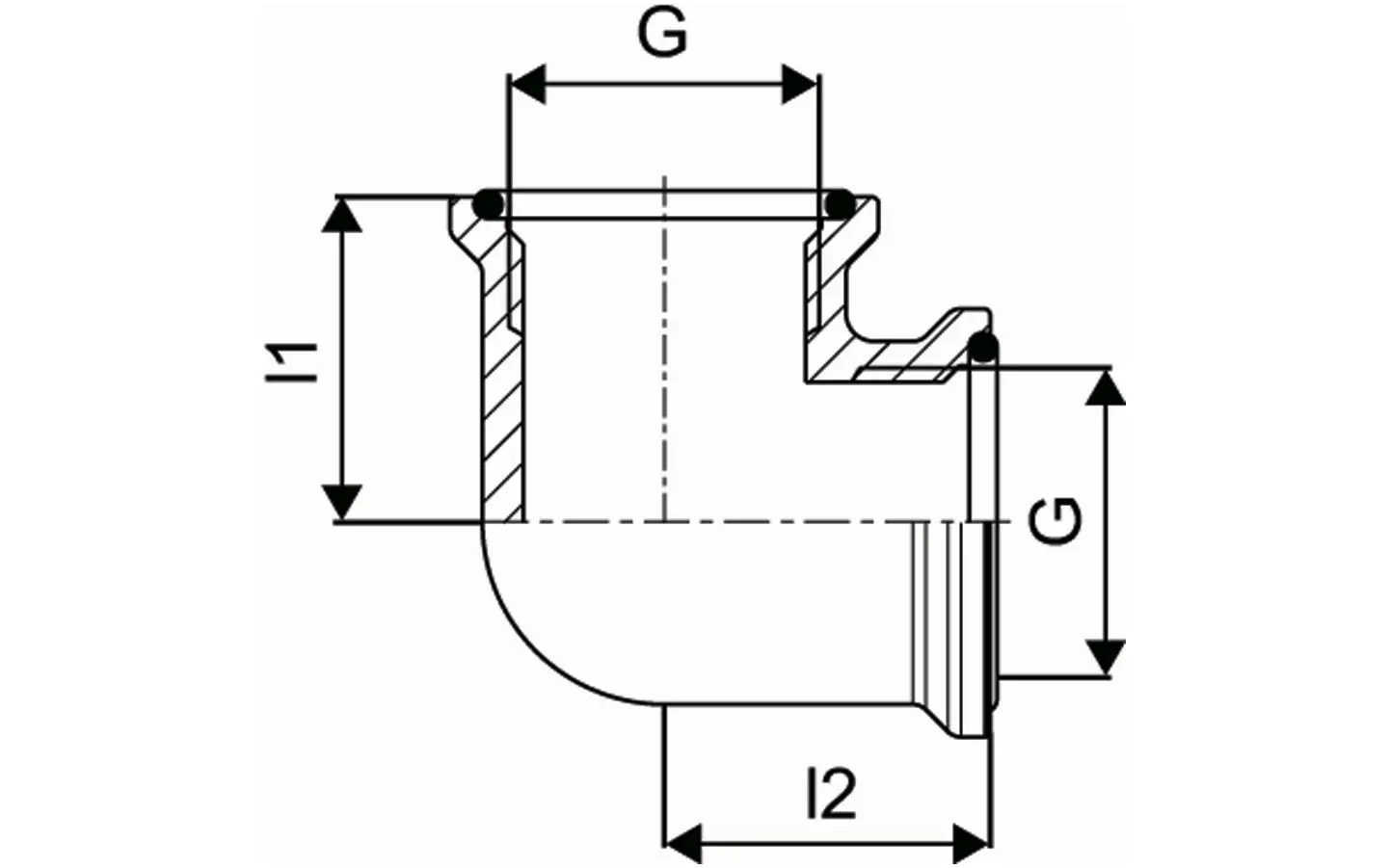 Winkelstück von Uponor mit G1-G1 Gewinde, dargestellt in einer technischen Zeichnung mit Maßangaben zu den Dimensionen.