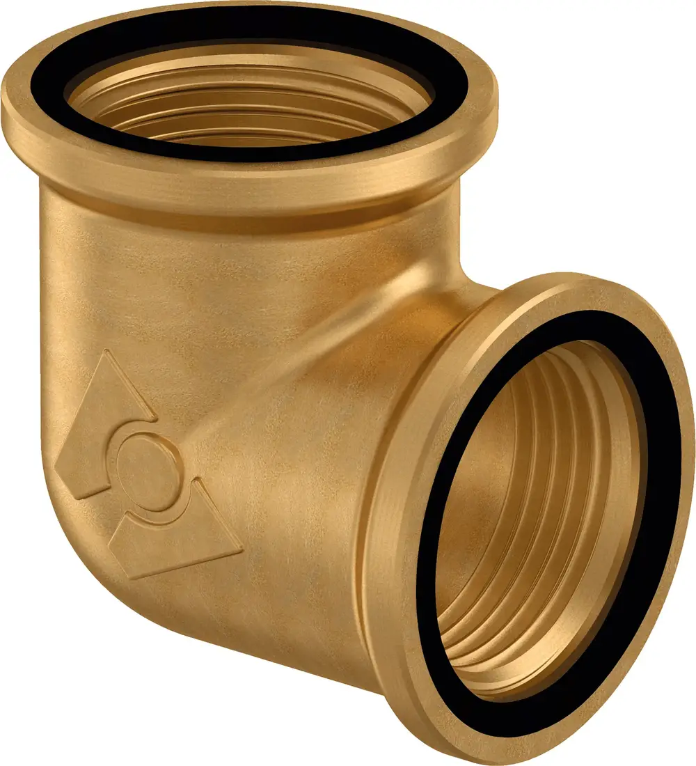Brass-Winkel mit Gewindeanschlüssen, verwendet in Rohrleitungssystemen von Uponor, zur Richtungsänderung von Flüssigkeitsströmungen.