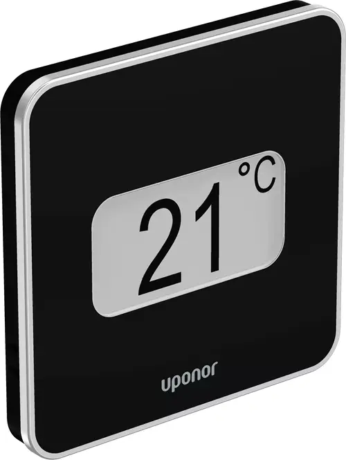Feuchtesensor in schwarz mit Temperaturanzeige von Uponor. Rechteckige Form, bestehend aus einem glatten Gehäuse und einer digitalen Temperaturanzeige.