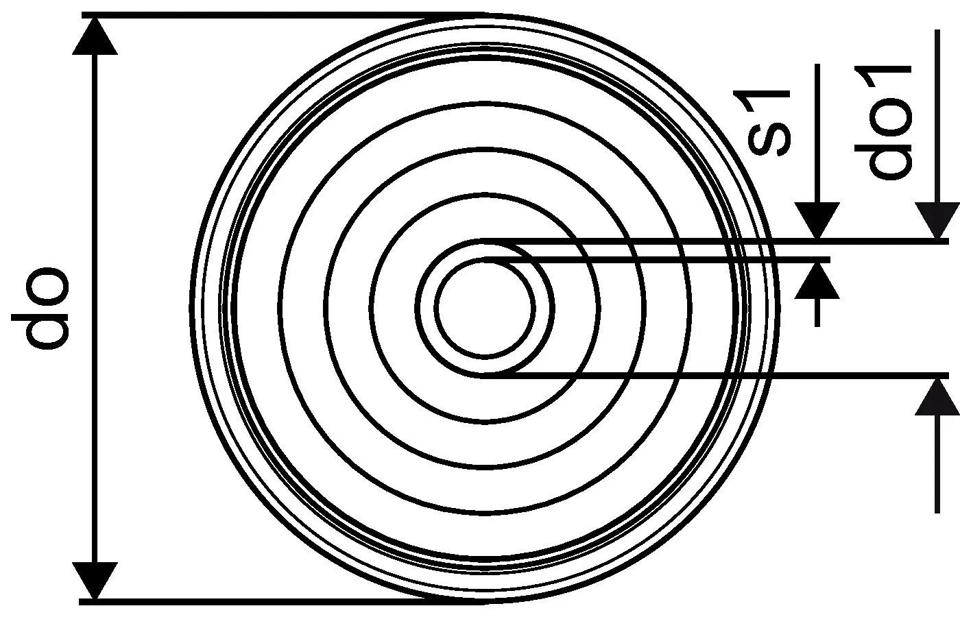 Technische Zeichnung eines kreisförmigen Produkts mit konzentrischen Ringen und Maßangaben. Elment von Uponor zur Veranschaulichung der Dimensionen.