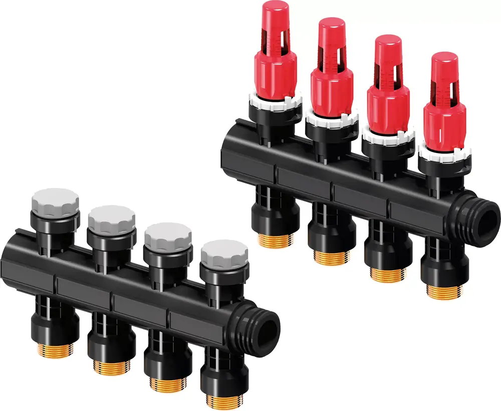 Vario PLUS Verteiler von Uponor mit mehreren Ausgängen und Durchflussmessern, gefertigt aus schwarzem Kunststoff und ausgestattet mit roten und grauen Verschlusskappen.