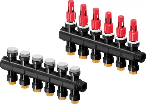 Verteilerblock von Uponor mit mehreren Anschlüssen und durchsichtigen Durchflussmessern, geeignet für hydraulische Systeme zur Verteilung von Heizungs- oder Wassersystemen.