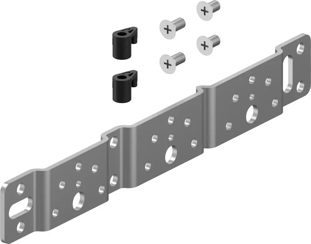 Montageplatte aus Metall mit mehreren Löchern, zwei schwarzen Kunststoffteilen und vier Schrauben. Teil von Uponor-S-Press PLUS System.