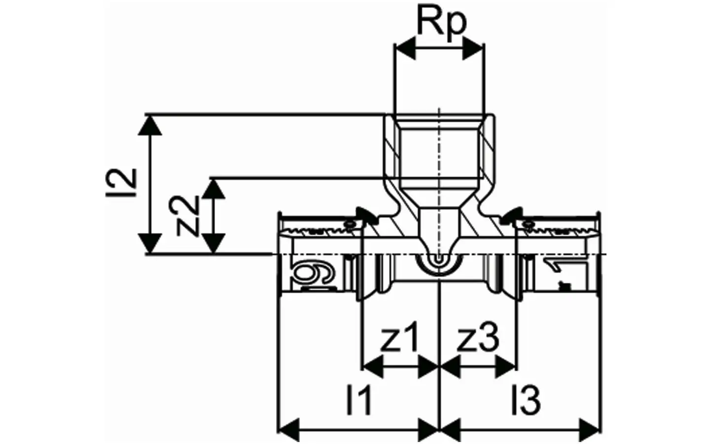 T-Stück mit Innengewinde und angeschlossenen Rohren, grafische Darstellung der Maße und Anschlussdetails. Produkt von Uponor.
