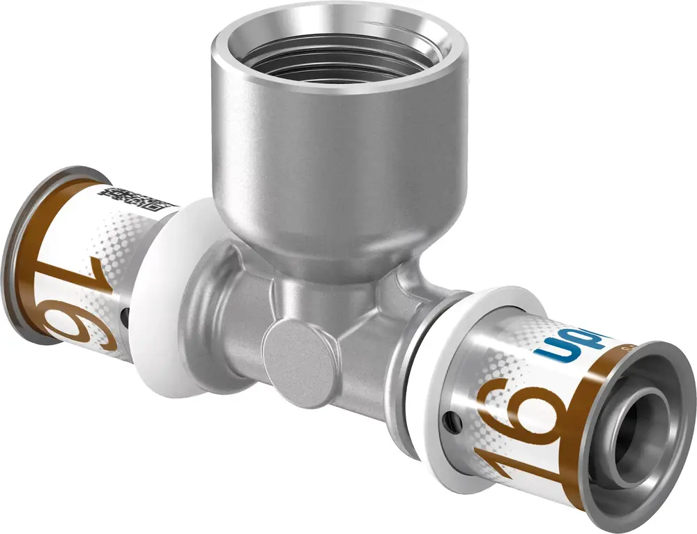 T-Stück mit Innengewinde aus Metall, hergestellt von Uponor. Links und rechts jeweils eine Verbindung für Rohrsysteme. Verbindet Rohre in einem Installationssystem.