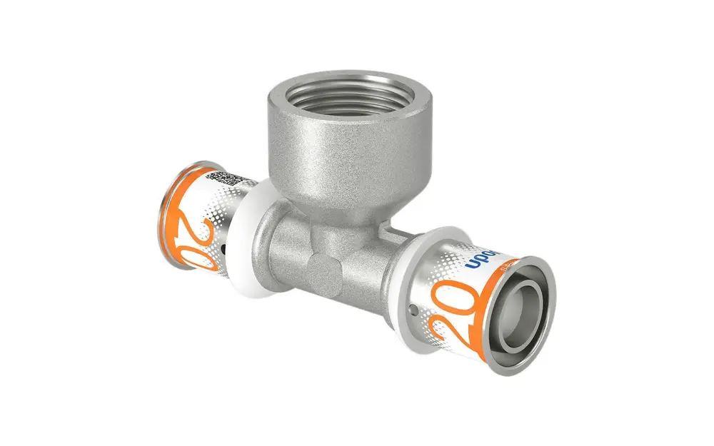 T-Stück aus Metall mit Innengewinde und zwei Außenwellenanschlüssen, hergestellt von Uponor, geeignet für Rohrverbindungen in hydraulischen Systemen.