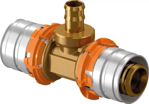 T-Stück für Rohrverbindung mit orangefarbener Sicherung und metallischen Anschlüssen, hergestellt von Uponor. Geeignet für Drucksysteme.