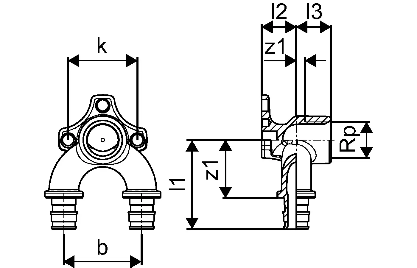 Technisches Diagramm einer U-Wandscheibe für Sanitäranwendungen, mit Anschlussmöglichkeiten und Maßeinheiten. Produkt von Uponor, geeignet für Rohrverbindungen.