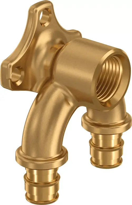 Uponor U-Wandscheibe in Gold mit zwei Anschlüssen und einer geflanschten Wandmontageöffnung. Geeignet für Anwendungen in der Wasserinstallation.