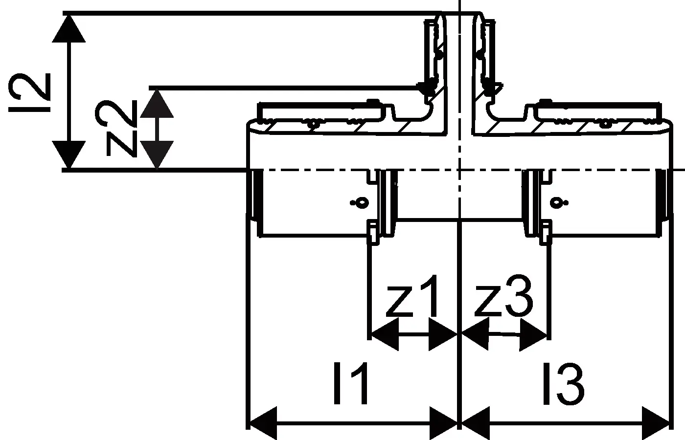 T-Stück mit reduzierter Form, das eine Verbindung in Rohrsystemen ermöglicht, dargestellt in technischer Zeichnung. Hersteller: Uponor.