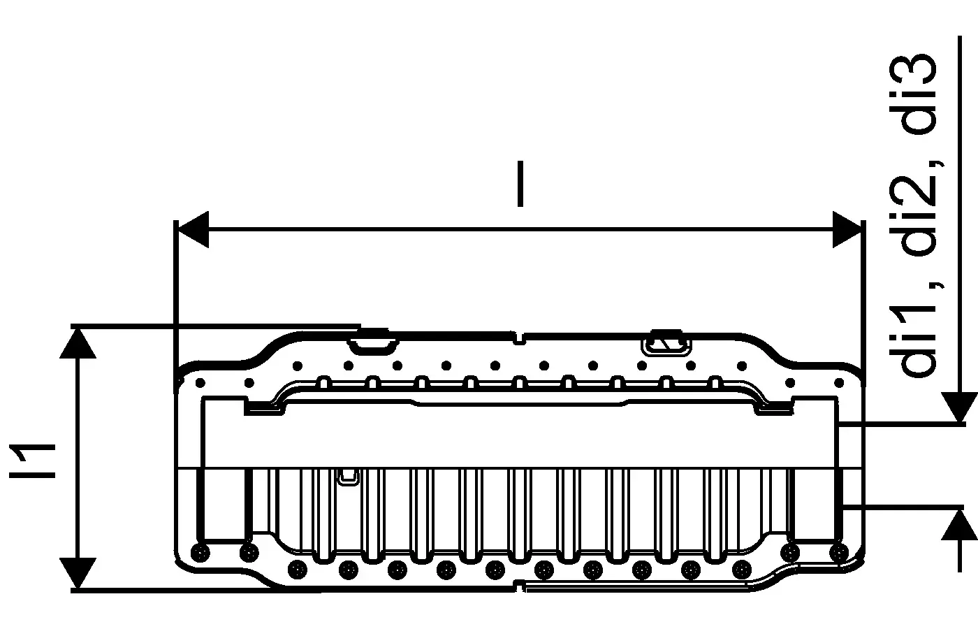 Schematische Darstellung eines Isoliergehäuses von Uponor, mit Maßen und spezifischen Durchmessern eingezeichnet. Klare Linien und technische Details sind sichtbar.